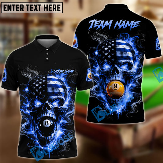 BlueJose Billiards 8 Ball 9 Ball Flame American Flag Skull Customized Name, Team Name 3D Shirt (4 Colors)