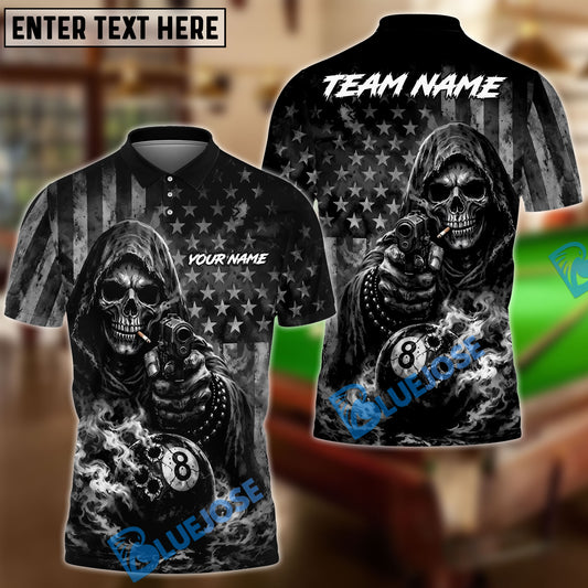 BlueJose Billiards Ball 8 Reaper Bullet Hole US Flag Personalized Shirt (2 Colors)