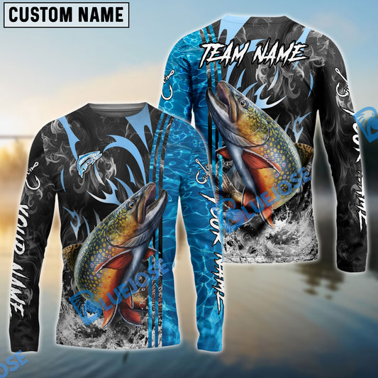 Bluejose Trout Fishing Sparkling Water Smoke Pattern Design Custom Name & Team Name 3D Shirts