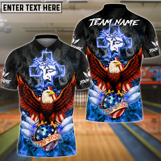 BlueJose Bowling & Pins Flame Eagle American Cross God Customized Name, Team Name 3D Shirt (4 Colors)