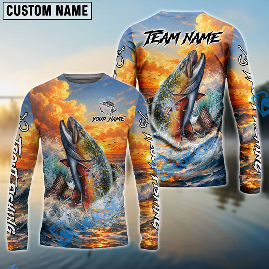 Bluejose Trout Fishing Ocean Sunset Wave Custom Name & Team Name 3D Shirts
