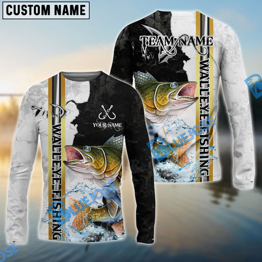 Bluejose Walleye Fishing Split Grunge Splash Design Custom Name & Team Name 3D Shirts