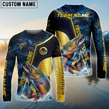 Bluejose Trout Fishing Ocean Wave Gold Luxury Pattern Custom Name & Team Name 3D Shirts