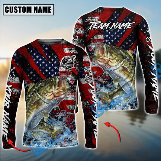 Bluejose Bass Fishing American Flag Grunge Red Scratch Custom Name & Team Name 3D Shirts