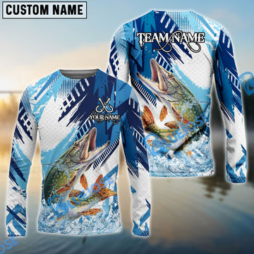 Bluejose Pike Fishing Blue Water Splash Scale Pattern Custom Name & Team Name 3D Shirts