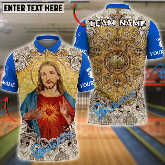 BlueJose Bowling And Pins Jesus Sacred Heart Customized Name, Team Name 3D Shirt (4 Colors)