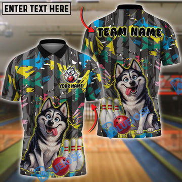 BlueJose Bowling And Pins Funny Cute Husky Customized Name, Team Name 3D Shirt (4 Colors)