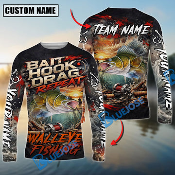 Bluejose Walleye Fishing Bait Hook Drag Repeat Custom Name & Team Name 3D Shirts