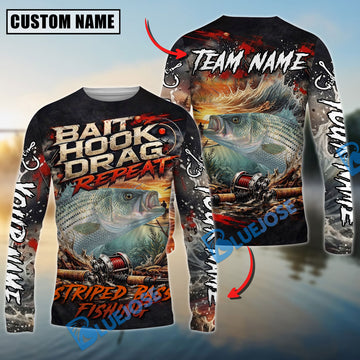 Bluejose Striped Bass Fishing Bait Hook Drag Repeat Custom Name & Team Name 3D Shirts