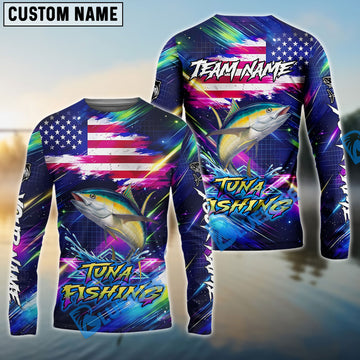Bluejose Tuna Fishing Bait Neon Strike American Flag Custom Name & Team Name 3D Shirts