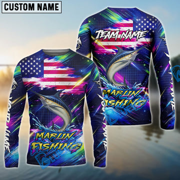 Bluejose Marlin Fishing Bait Neon Strike American Flag Custom Name & Team Name 3D Shirts