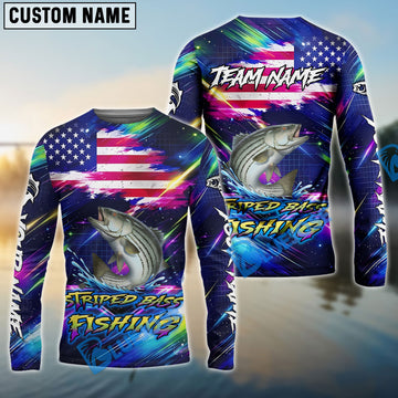 Bluejose Striped Bass Fishing Bait Neon Strike American Flag Custom Name & Team Name 3D Shirts