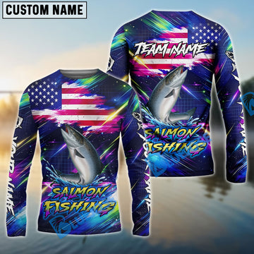 Bluejose Salmon Fishing Bait Neon Strike American Flag Custom Name & Team Name 3D Shirts