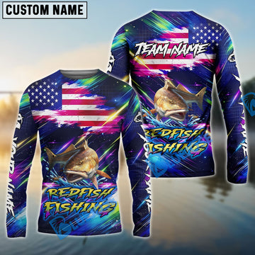Bluejose Redfish Fishing Bait Neon Strike American Flag Custom Name & Team Name 3D Shirts
