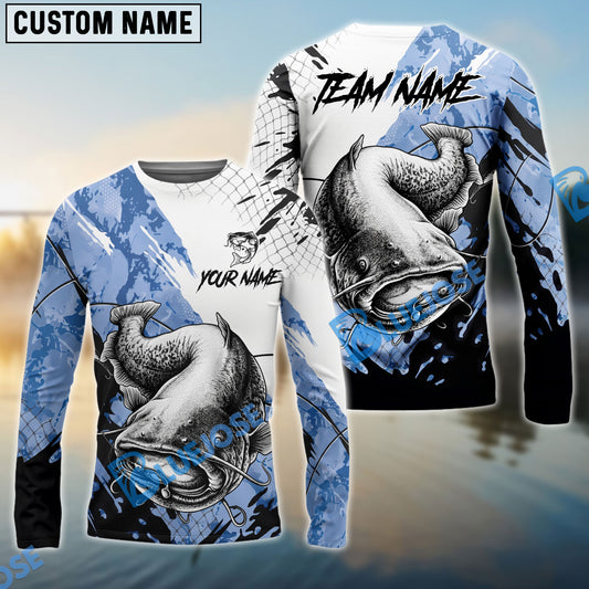 Bluejose Catfish Fishing Blue White Long Jumping Splash Water Graphic Custom Name & Team Name 3D Shirts