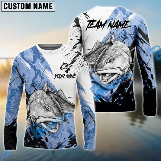 Bluejose Redfish Fishing Blue White Long Jumping Splash Water Graphic Custom Name & Team Name 3D Shirts