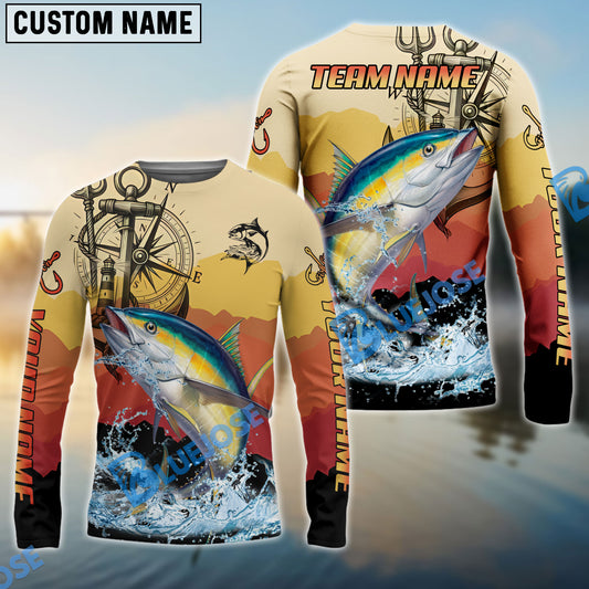 Bluejose Tuna Fishing Sunset Compass Custom Name & Team Name 3D Shirts
