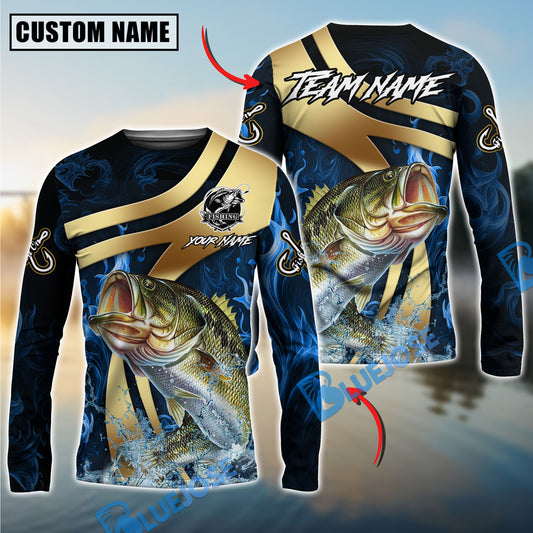 Bluejose Bass Fishing Luxury Gold Wave Water Splash Design Custom Name & Team Name 3D Shirts