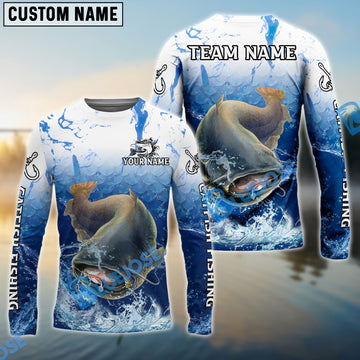 Bluejose Catfish Fishing Ocean Scale Gradient Splash Design Custom Name & Team Name 3D Shirts