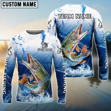 Bluejose Pike Fishing Ocean Scale Gradient Splash Design Custom Name & Team Name 3D Shirts