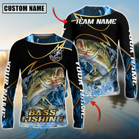 Bluejose Bass Fishing Water Splash Navy Gold Pattern Custom Name & Team Name 3D Shirts