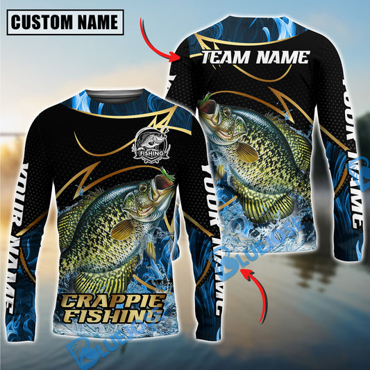 Bluejose Crappie Fishing Water Splash Navy Gold Pattern Custom Name & Team Name 3D Shirts