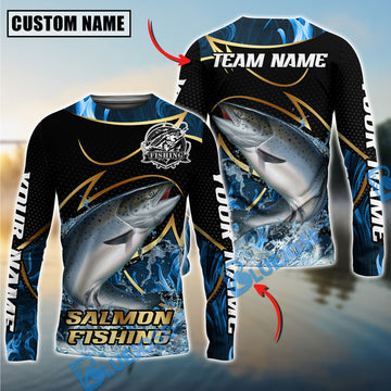 Bluejose Salmon Fishing Water Splash Navy Gold Pattern Custom Name & Team Name 3D Shirts