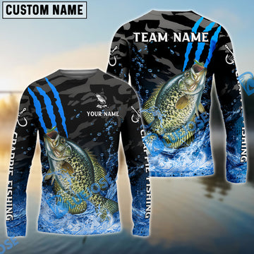 Bluejose Crappie Fishing Blue Scratch Camo Water Splash Custom Name & Team Name 3D Shirts