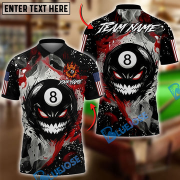 BlueJose Billiards Ball 8 Evil Fire Monster American Flag Personalized Name Shirt (4 Colors)
