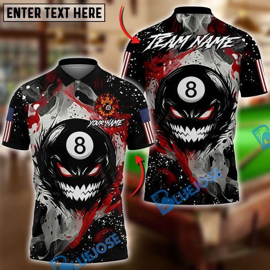 BlueJose Billiards Ball 8 Evil Fire Monster American Flag Personalized Name Shirt (4 Colors)