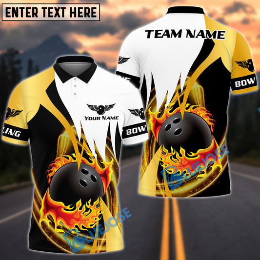 BlueJose Bowling And Pins Flaming Ball Swirl Customized Name, Team Name 3D Shirt (6 Colors)