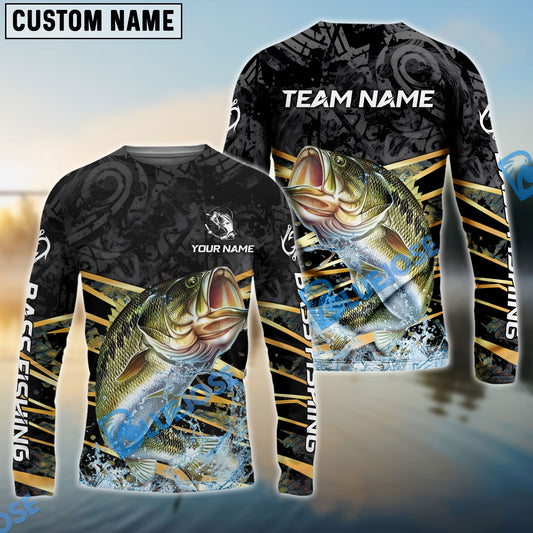 Bluejose Bass Fishing Black Gold Splash Dynamic Pattern Custom Name & Team Name 3D Shirts