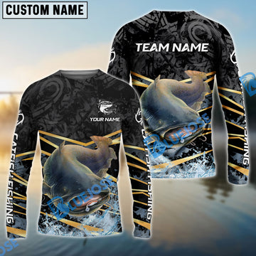 Bluejose Catfish Fishing Black Gold Splash Dynamic Pattern Custom Name & Team Name 3D Shirts