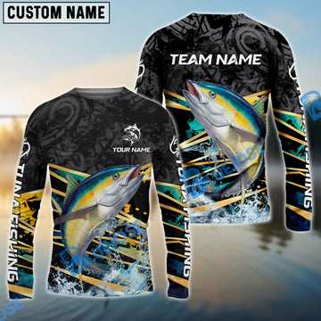 Bluejose Tuna Fishing Black Gold Splash Dynamic Pattern Custom Name & Team Name 3D Shirts