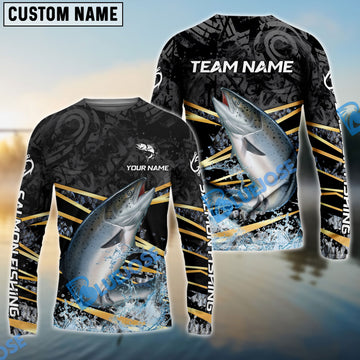 Bluejose Salmon Fishing Black Gold Splash Dynamic Pattern Custom Name & Team Name 3D Shirts