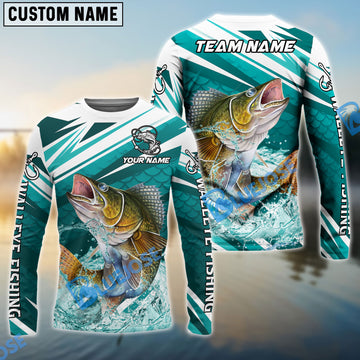 Bluejose Walleye Fishing Cyan Scale Pattern Splash Water Custom Name & Team Name 3D Shirts