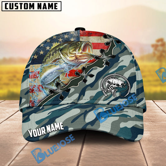 BlueJose Fishing American Flag Blue Camouflage Personalized Name Classic 3D Cap (13 Breeds)