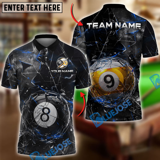 BlueJose Billiards 8 Ball & 9 Ball Shattering Glass Breaker Graphic Personalized Name Shirt (4 Colors)