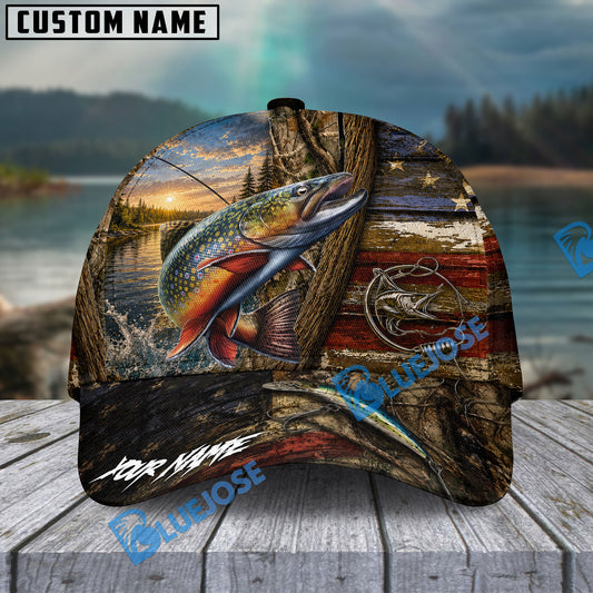BlueJose Fishing Rustic Wooden American Flag Personalized Name Classic 3D Cap (13 Breeds)