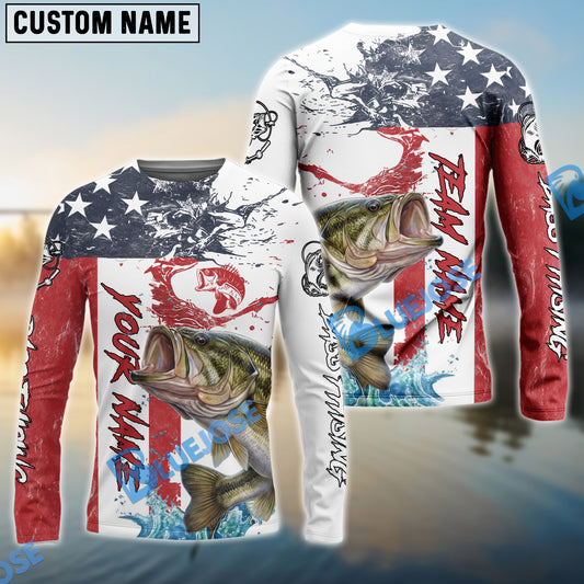 Bluejose Bass Fishing American Flag Red Blue Seawave Custom Name & Team Name 3D Shirts