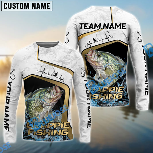 Bluejose Crappie Fishing White Marble & Gold Trim Splash Heartbeat Line Custom Name & Team Name 3D Shirts