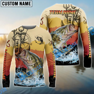 Bluejose Bass Fishing Sunset Compass Custom Name & Team Name 3D Shirts