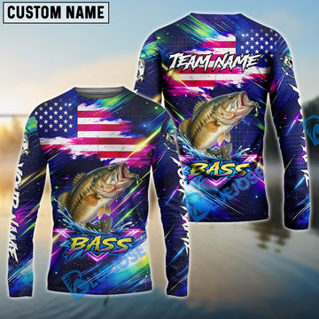 Bluejose Bass Fishing Bait Neon Strike American Flag Custom Name & Team Name 3D Shirts