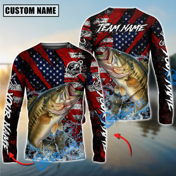 Bluejose Bass Fishing American Flag Grunge Red Scratch Custom Name & Team Name 3D Shirts
