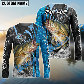 Bluejose Bass Fishing Sparkling Water Smoke Pattern Design Custom Name & Team Name 3D Shirts