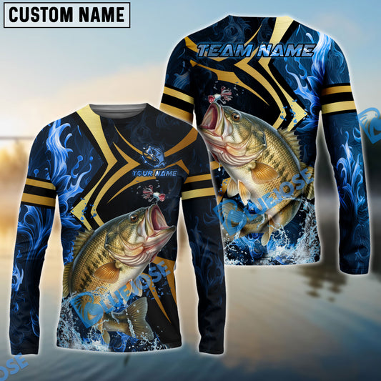 Bluejose Bass Fishing Blue Ocean Wave & Gold Geometric Custom Name & Team Name 3D Shirts