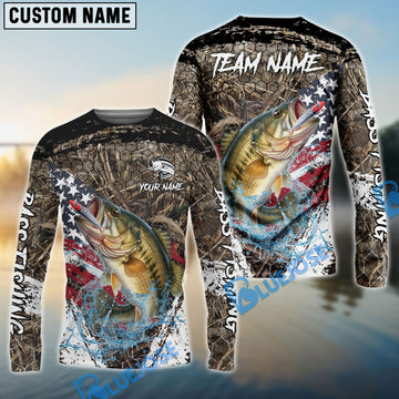 Bluejose Bass Fishing American Flag Scratch Grass Camo Custom Name & Team Name 3D Shirts