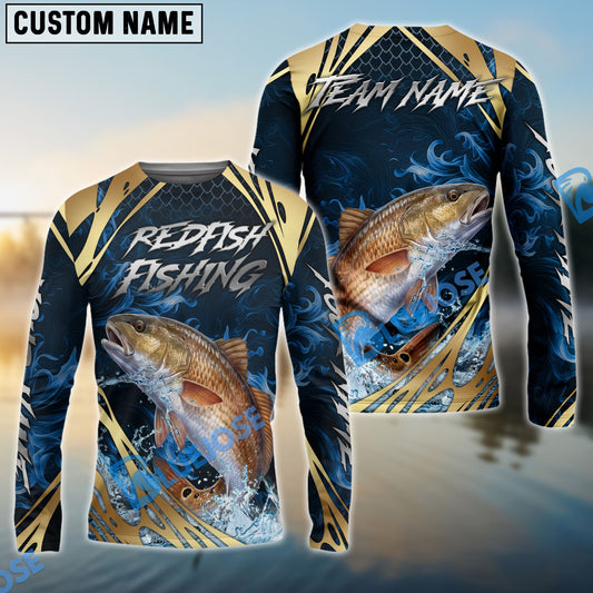 Bluejose Red Fish Fishing Blue Wave Gold Pattern Design Custom Name & Team Name 3D Shirts