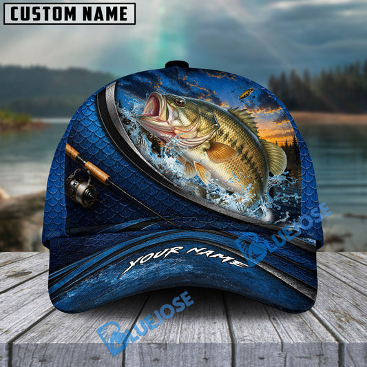 BlueJose Fishing Sunset Splash Navy Scale Reel Personalized Cap (13 Breeds)