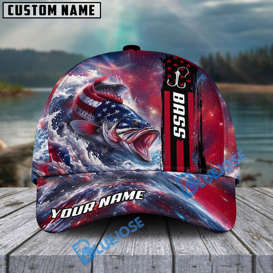 BlueJose Fishing Patriotic American Flag Stars Stripes With Dynamic Splash Personalized Cap (13 Breeds)